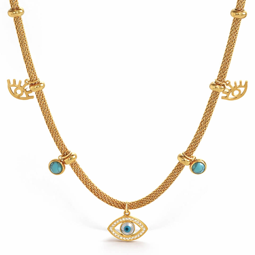 Turkish Eye with Pearl Turquoise Necklace (Bañado in Gold 18K) | Luvesina
