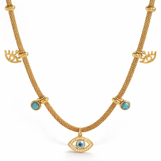 Turkish Eye with Pearl Turquoise Necklace (Bañado in Gold 18K) | Luvesina