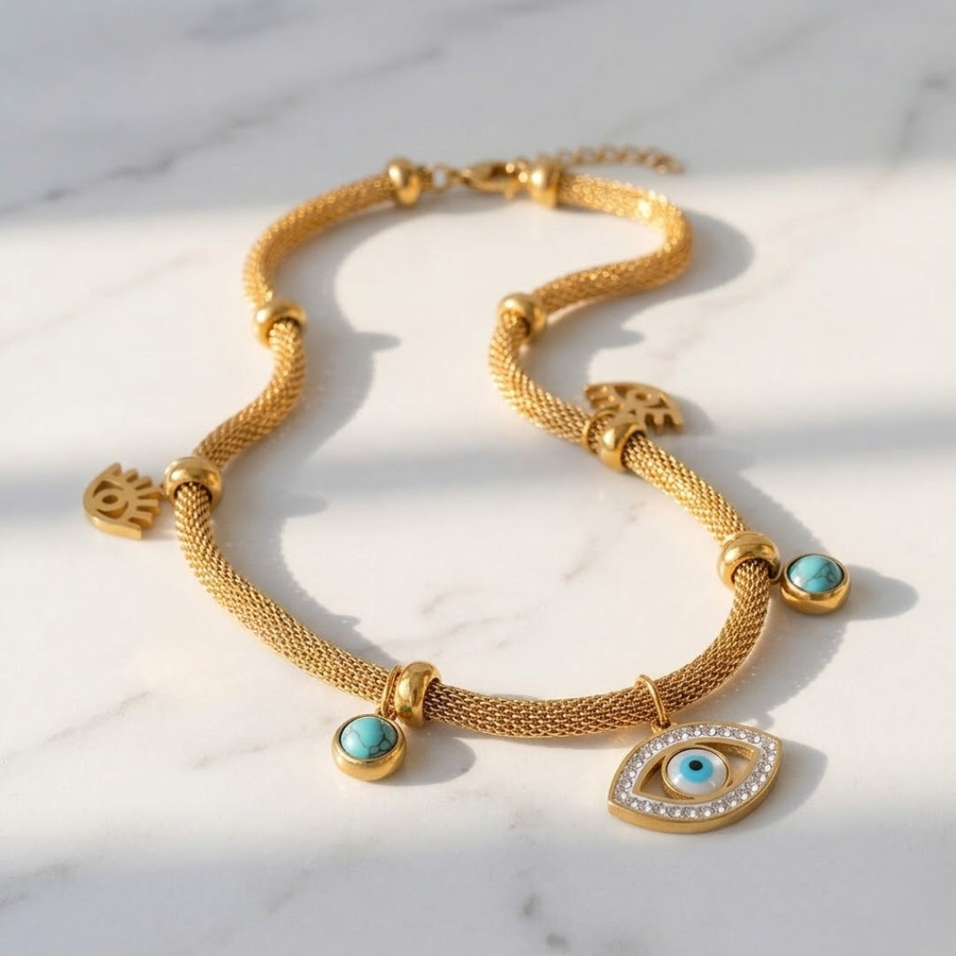 Turkish Eye with Pearl Turquoise Necklace (Bañado in Gold 18K) | Luvesina