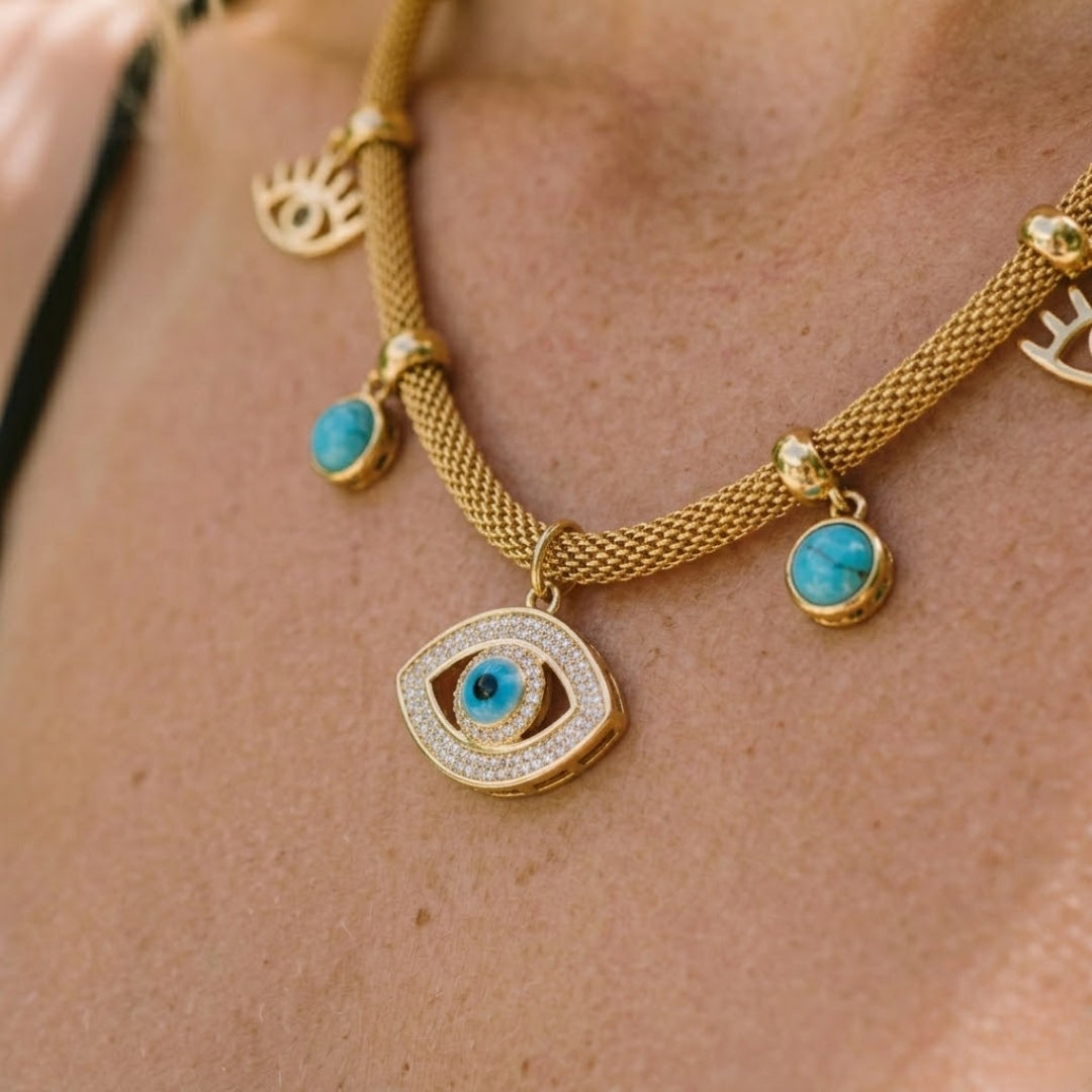 Turkish Eye with Pearl Turquoise Necklace (Bañado in Gold 18K) | Luvesina