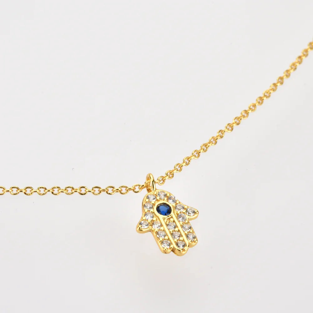 Hand of Fatima Hamsa with Zirconia Necklace (18K Gold Plated) | Luvesina