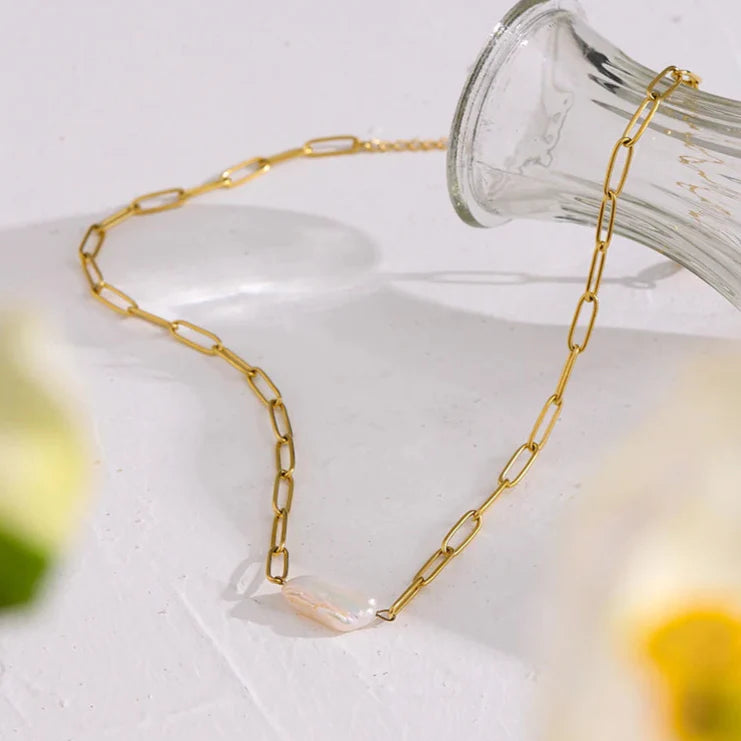 Pearl Rústica with Links Necklace (18K Gold Plated) | Luvesina