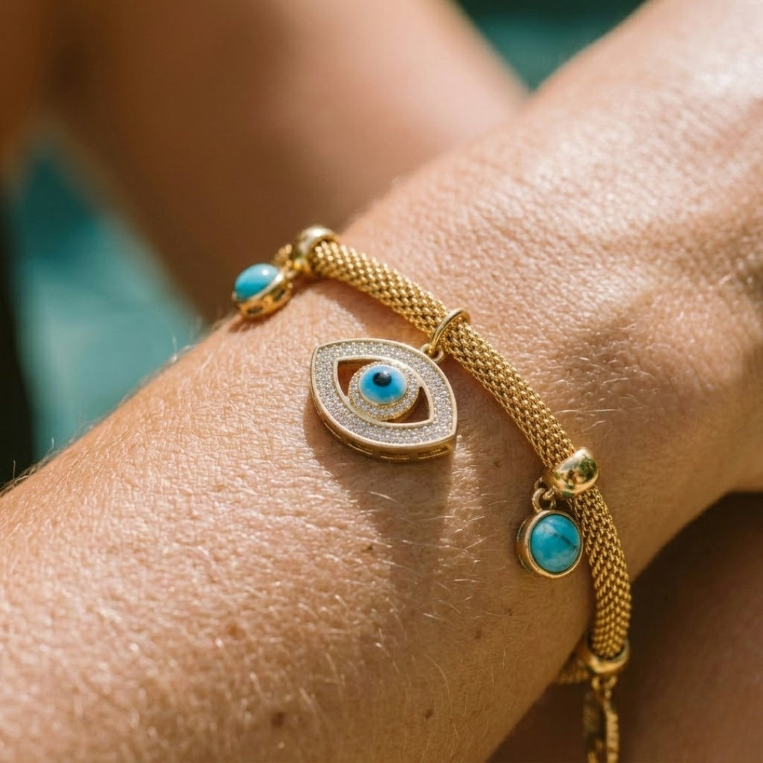 Turkish Eye with Pearl Turquoise Bracelet (18K Gold Plated) | Luvesina