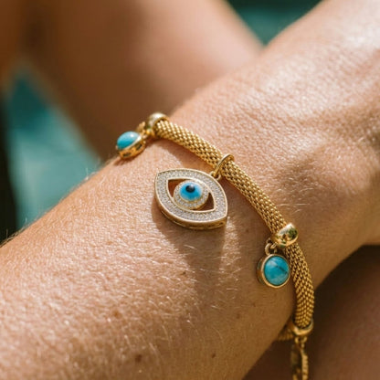 Turkish Eye with Pearl Turquoise Bracelet (18K Gold Plated) | Luvesina