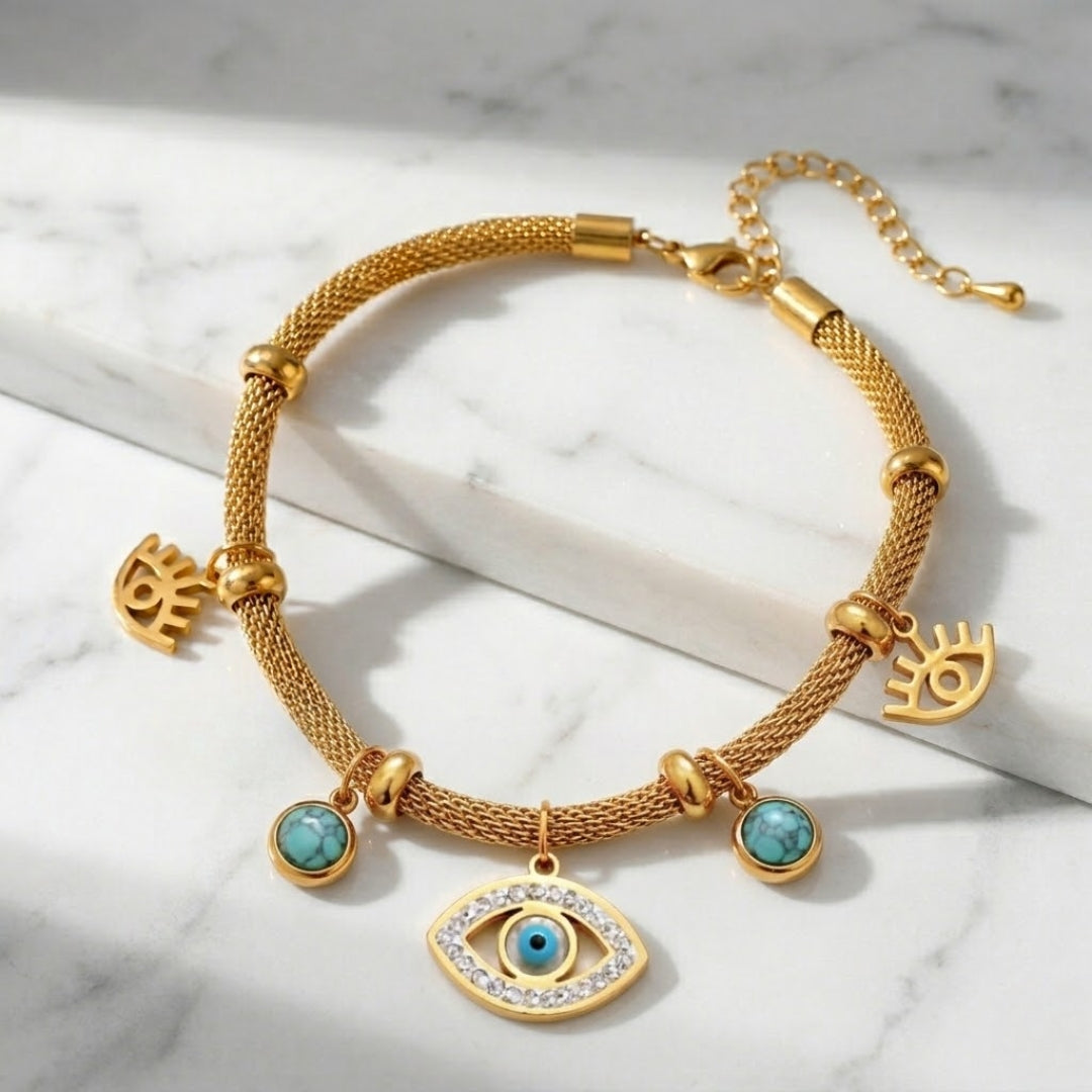 Turkish Eye with Pearl Turquoise Bracelet (18K Gold Plated) | Luvesina