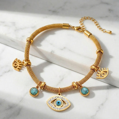 Turkish Eye with Pearl Turquoise Bracelet (18K Gold Plated) | Luvesina