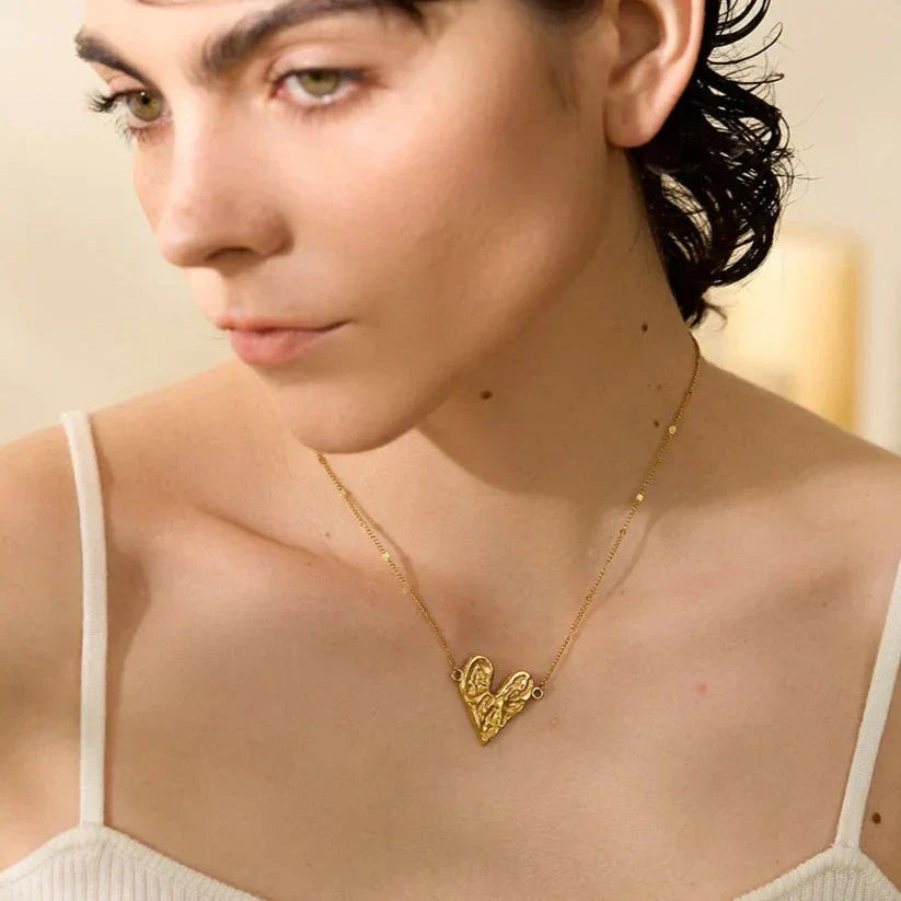 Heart with Hammered Texture Necklace (18K Gold Plated) | Luvesina