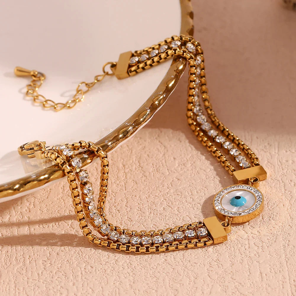 Turkish Eye Chain Triple Zirconia Bracelet (18K Gold Plated) | Luvesina