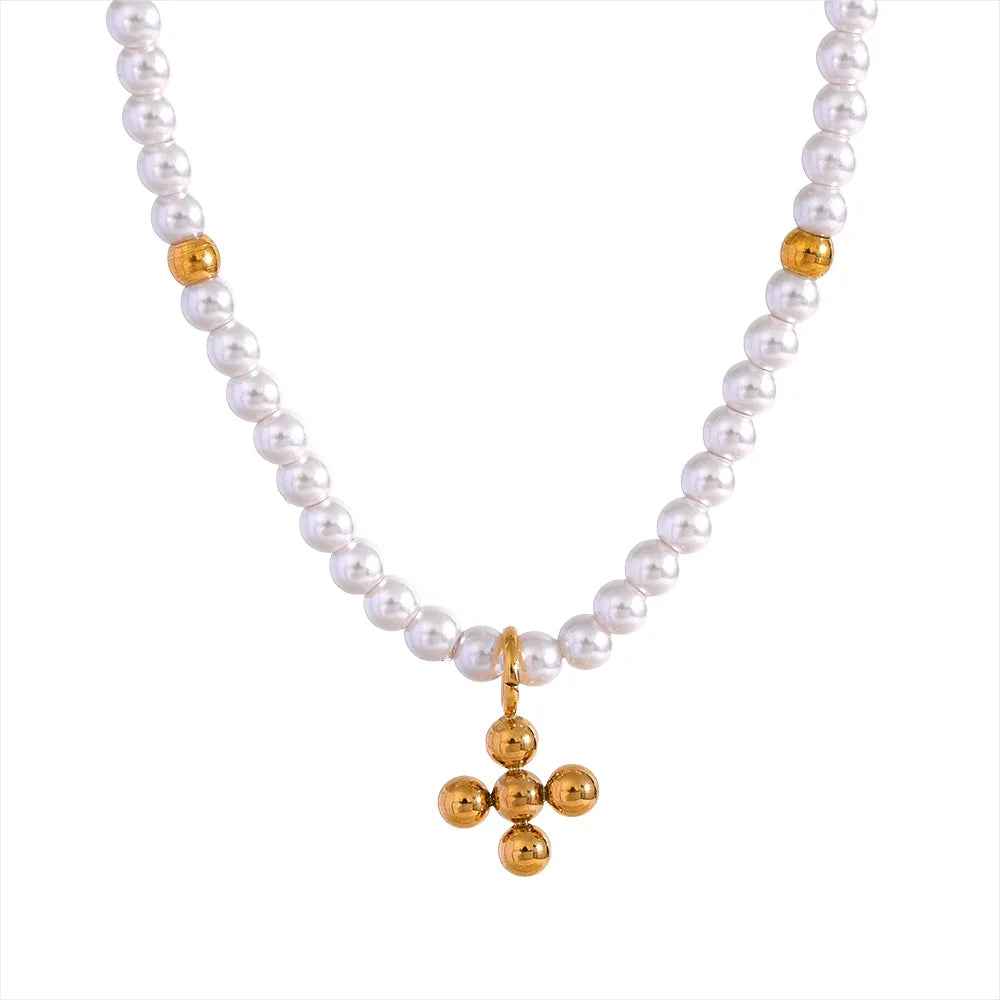 Pearls with Pendant of Cross Necklace (18K Gold Plated) | Luvesina
