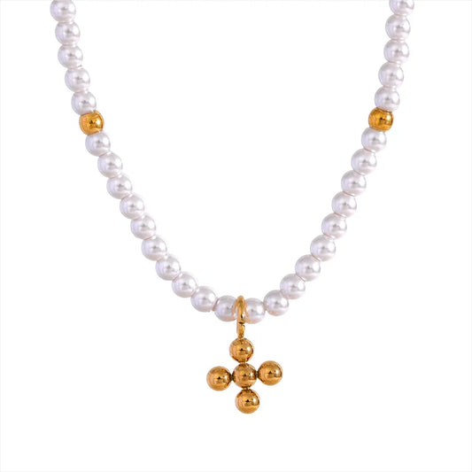Pearls with Pendant of Cross Necklace (18K Gold Plated) | Luvesina