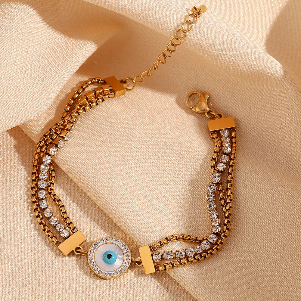 Turkish Eye Chain Triple Zirconia Bracelet (18K Gold Plated) | Luvesina