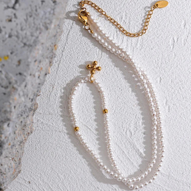 Pearls with Pendant of Cross Necklace (18K Gold Plated) | Luvesina
