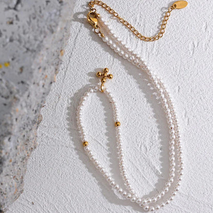 Pearls with Pendant of Cross Necklace (18K Gold Plated) | Luvesina