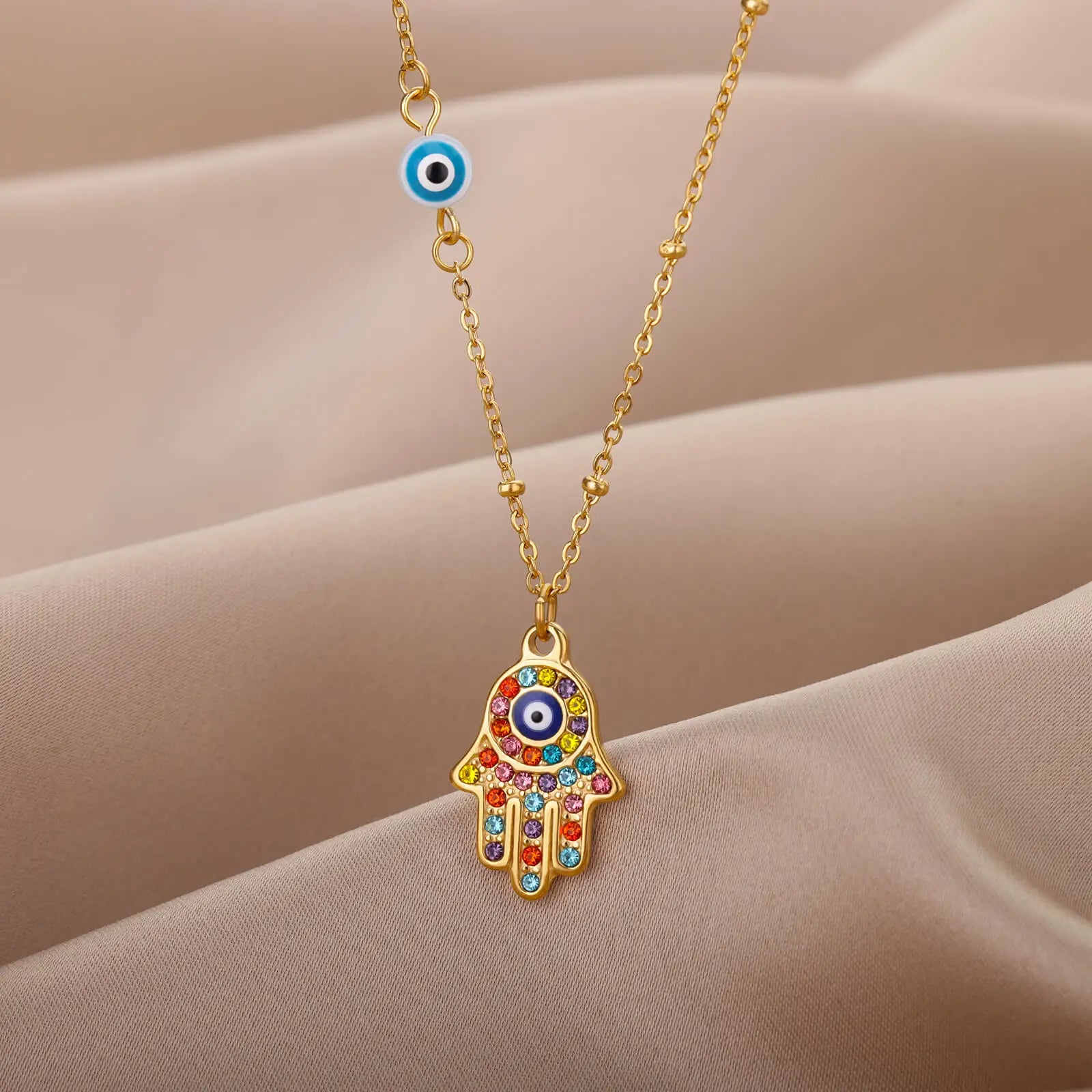 Hand of Fatima Hamsa with Zirconia Necklace | Luvesina