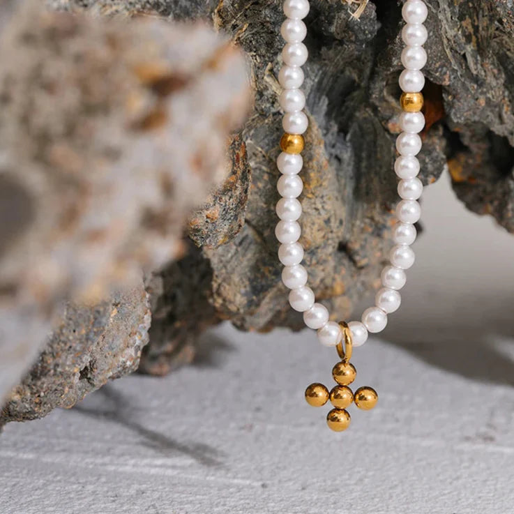Pearls with Pendant of Cross Necklace (18K Gold Plated) | Luvesina