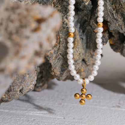 Pearls with Pendant of Cross Necklace (18K Gold Plated) | Luvesina