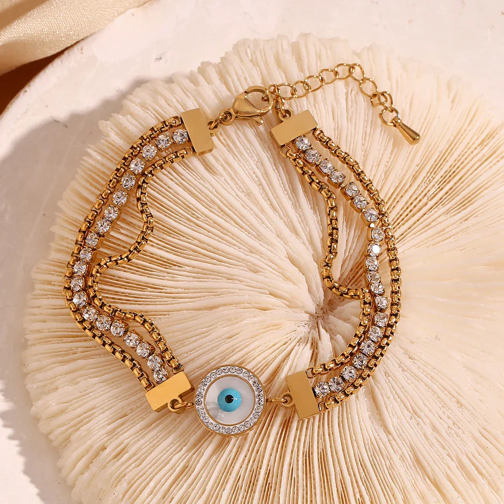 Turkish Eye Chain Triple Zirconia Bracelet (18K Gold Plated) | Luvesina