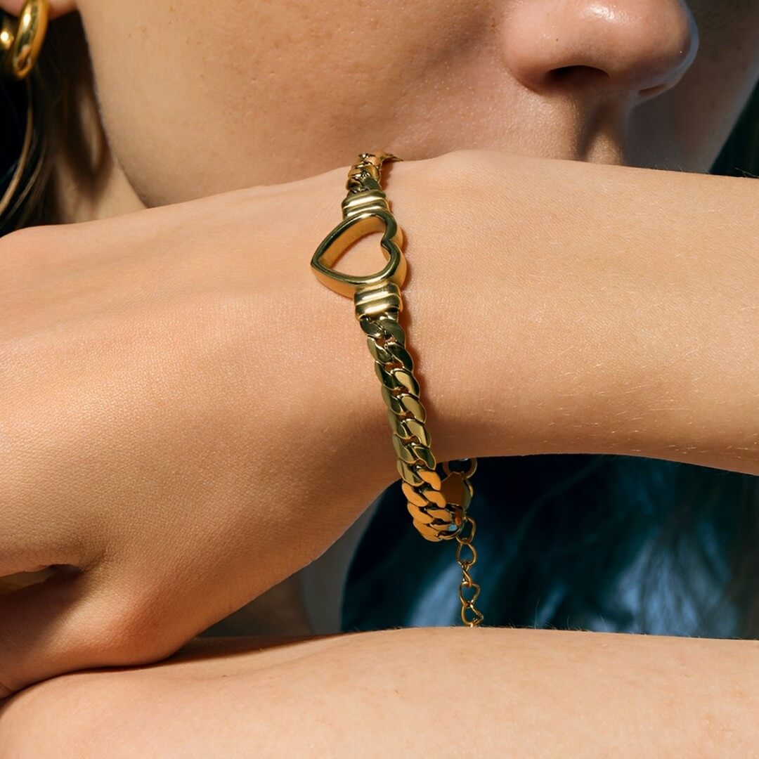 Heart with Chain of Links Grandes Bracelet (18K Gold Plated) | Luvesina
