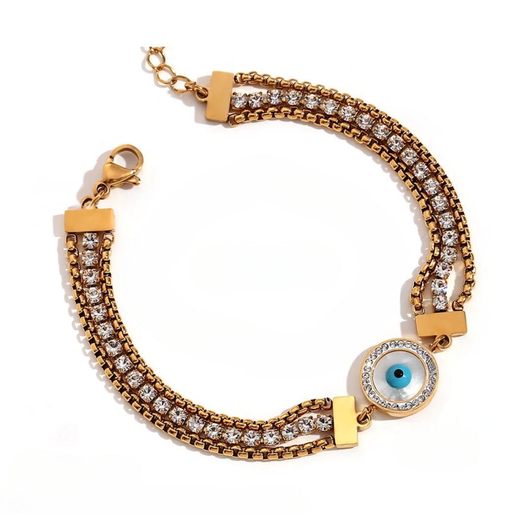 Turkish Eye Chain Triple Zirconia Bracelet (18K Gold Plated) | Luvesina